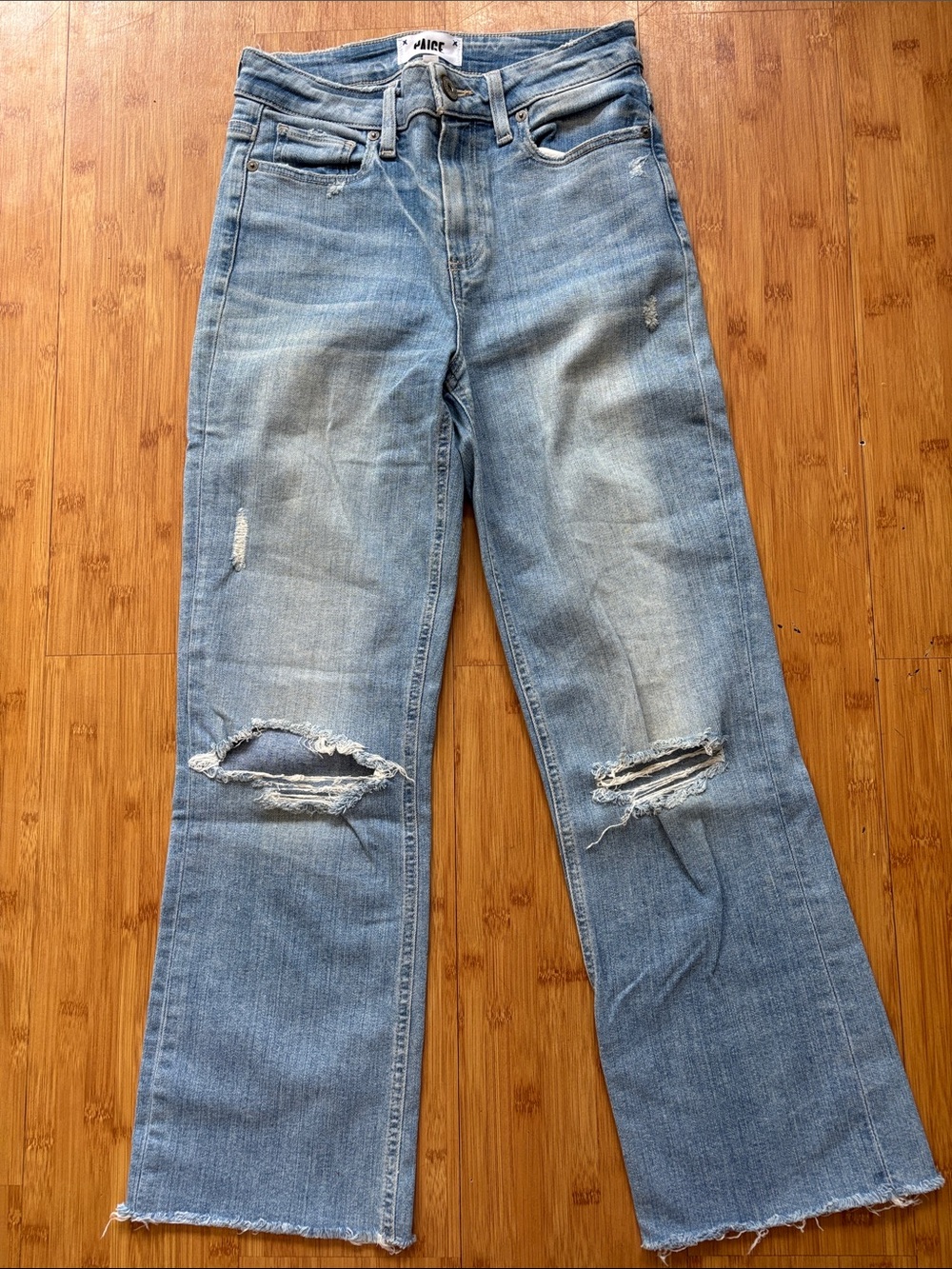 PAIGE Light Blue Distressed Wide-Leg Jeans